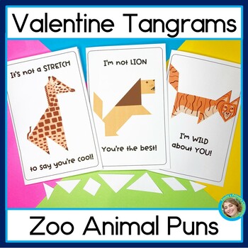 Valentines Day Zoo Animal Tangram Student Greeting Cards with Puns