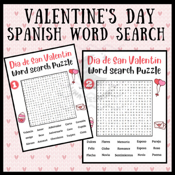 Preview of Valentines Day word search SPANISH Día de San Valentín crossword activities 3rd