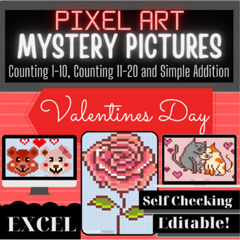 Preview of Valentines Day Digital Pixel Art Mystery Picture Activities for Excel - Counting