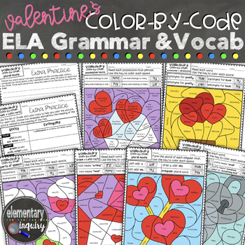 Preview of Valentines ELA Color by Code Activity Vocabulary and Grammar Worksheets