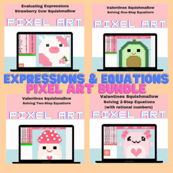 Preview of Valentines Expressions and Equations Squishmallow Mystery Pixel Art Pack