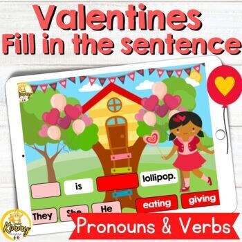 Preview of Valentines Fill in the sentence Pronouns and Verbs Boom Cards