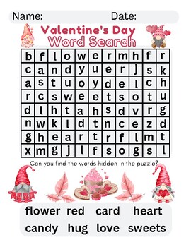 Preview of Valentines Gnome Word Search