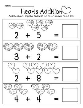 Valentines Heart Kindergarten Addition to 10 Math Number Printables ...