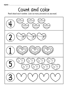Valentines Heart Kindergarten Numbers to 5 Count and Color Worksheets