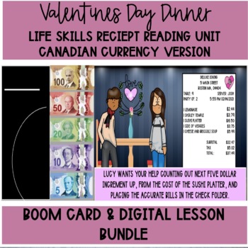 Preview of Valentines Life Skills Unit Functional Math and Reading Receipts Canadian BUNDLE