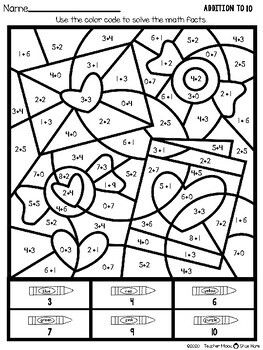 Valentines Math - Addition and Subtraction Color by Code | TpT