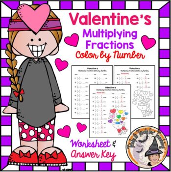 Preview of Valentines Math Multiplying Fractions Color by Number Worksheet + KEY 5th 6th