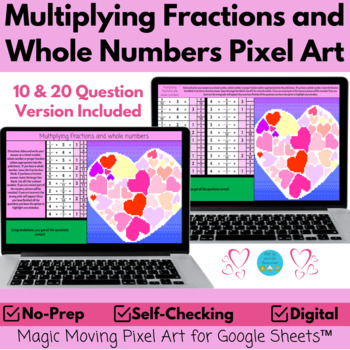 Preview of Multiplying Fractions and Whole Numbers Valentines Day Math Pixel Art