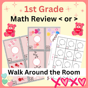 Preview of Valentines Math Review < or > Walk Around the Room- Solve the Room- Fun Learning