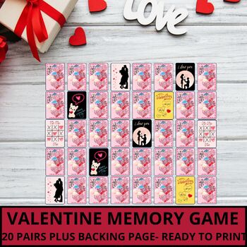 Preview of Valentines Memory Card Game, Digital Download, Printable Memory Game, Preschool
