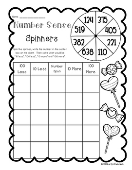 Valentine's Number Sense: 10 More, 10 Less, 100 More, 100 Less Spinners