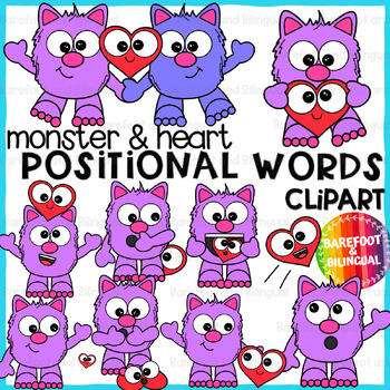 Preview of Valentines Positional Words Clipart | Grammar Clipart | Love Monster Clipart