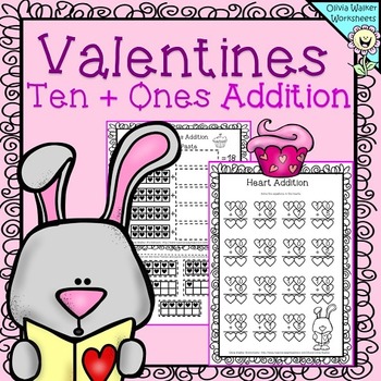 Preview of Valentines Tens and Ones Worksheets, Teen Addition, Algorithms, Tens Frames