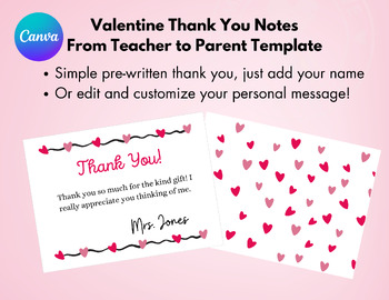 Preview of Editable Valentines Thank You Card From Teacher To Parent/Child, Canva Template
