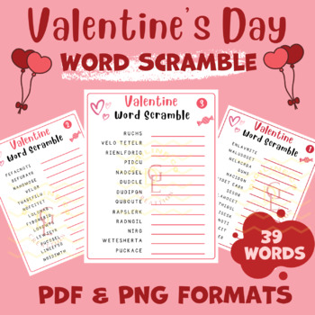 Preview of Valentines Word scramble Puzzle game Crossword Word problem middle high 8th 9th