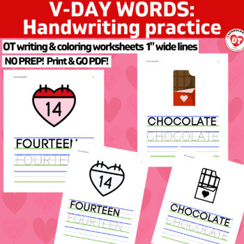 Preview of Valentines day OT Uppercase writing worksheets 1" lines tracing/copying words