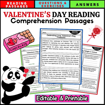 Preview of Valentines day Reading Comprehension Passages and Questions - Editable & No prep