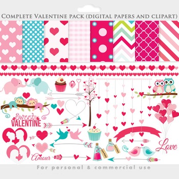 Hearts Valentine Digital Papers 