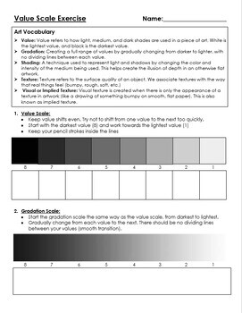 Preview of Value Scale Art Worksheet: Value, Gradation, & Mark-Making Scales (editable)