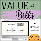 Value of Bills | Special Ed Money Math | 3 Levels GOOGLE SLIDES
