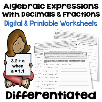 Preview of Algebraic Expressions with Fractions and Decimals - Differentiated