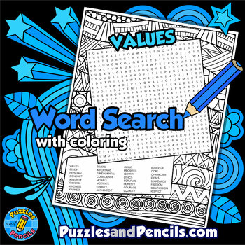Preview of Values Word Search Puzzle Activity Page with Coloring | Social Conscience