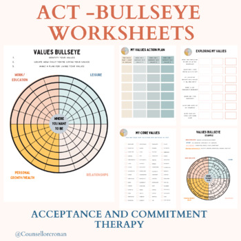 Preview of Values worksheets, ACT, values bullseye, self esteem, growth mindset
