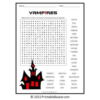 Vampires Word Search Puzzle No Prep Activity Printable PDF by Puzzles