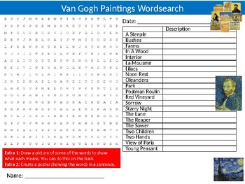 Van Gogh Paintings Wordsearch Puzzle Sheet Starter Keywords Vincent Artist