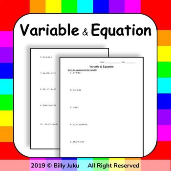 Variable & Equation Worksheet by Billy Juku | Teachers Pay Teachers