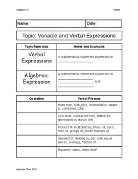 Preview of Variable and Verbal Expressions Quick Guided Notes