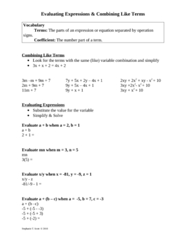 Preview of Variables, Expressions, Equations, & Inequalities Notes, Quiz, Test