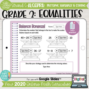 Preview of Equalities Grade 2 2020 Ontario Math DIGITAL Strand C Algebra GOOGLE SLIDES