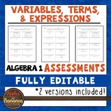 Variables, Terms, and Expressions Tests - Algebra 1 Editab