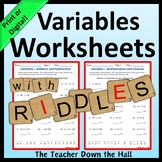 Variables Worksheets w/ Riddles Add, Subtract, Multiply, and Divide Variables