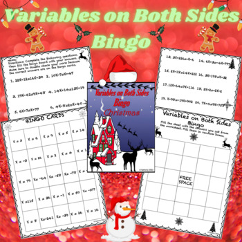 Preview of Variables on Both Sides Bingo | Christmas | 7th/8th Grade Math Activity
