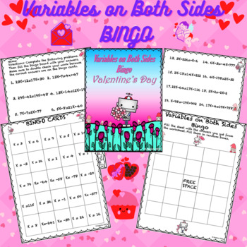 Preview of Variables on Both Sides Bingo | Valentine's Day | 7th/8th Grade Math Activity