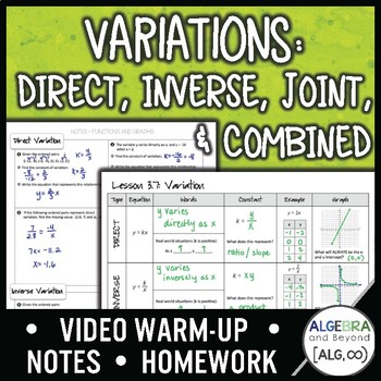 Preview of Variation: Direct, Inverse, Joint & Combined Lesson | Warm-Up | Notes | Homework