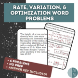 Rate, Variation, & Optimization Word Problem Practice (with KEY)