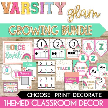 Preview of Varsity Glam Classroom Decor Bundle II Groovy Bright Theme Growing Bundle