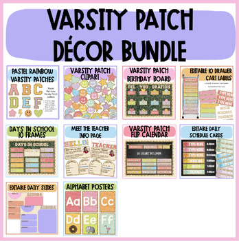 Preview of Varsity Patch Decor BUNDLE | pastel rainbow, classroom patches, theme