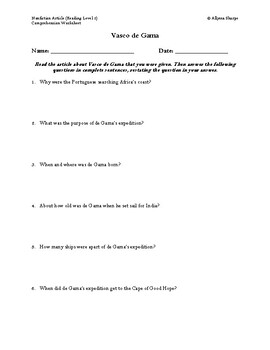 Preview of Vasco da Gama Article (Reading Level 2) Comprehension Worksheet