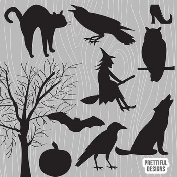 Vector Halloween Silhouette Clip Art Raven Witch Wolf Owl Black Cat Crow