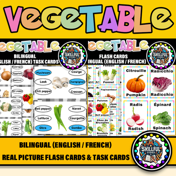 Preview of Vegetable Bilingual (English / French) Flash Cards & Real Photo Task Cards