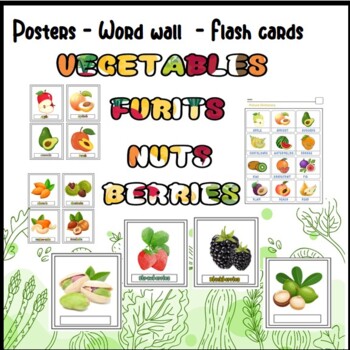 Preview of Vegetable Fruit Vocabulary Flash Cards Posters Word Wall Worksheet