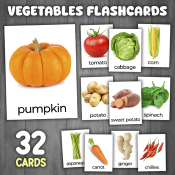 Preview of Vegetables Flashcards | Montessori 3-PART Cards | REAL PICTURES Food Flashcards