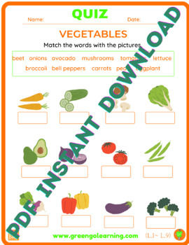 Preview of Vegetables / QUIZ / Level I - Lesson 9 - (easy to check assessment)