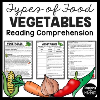 Preview of Vegetables Reading Comprehension Worksheet Food Groups My Plate