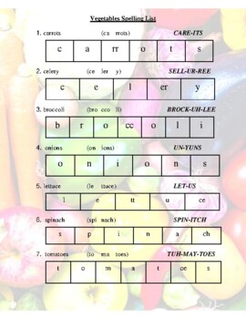 Preview of Vegetables Spelling List